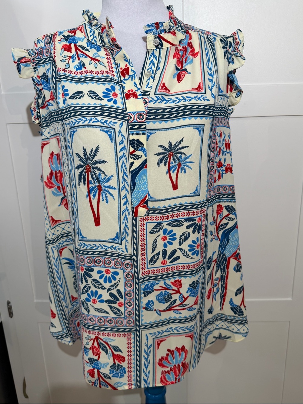 Philosophy Cream Top with Blue & Red Palm Tile Print